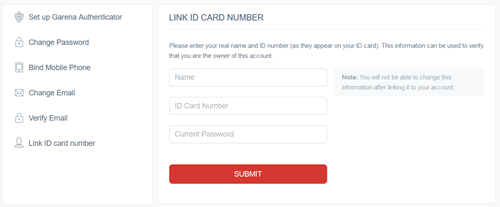 Garena 身份证号码