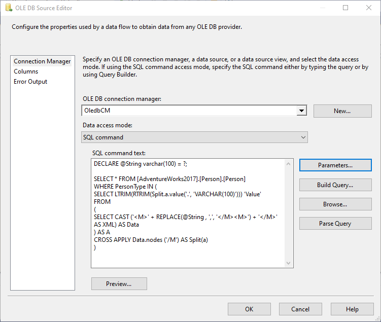 当数据库兼容级别设定为 SQL Server 2008 时，如何在 SSIS OLE DB 源 SQL 命令中使用 STRING_SPLIT？